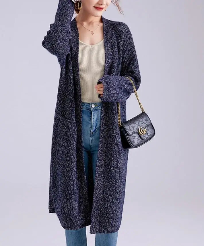 gilet long laine et cachemire lyna pour femme, cardigan bleu foncé, élégant et confortable, idéal pour l'hiver