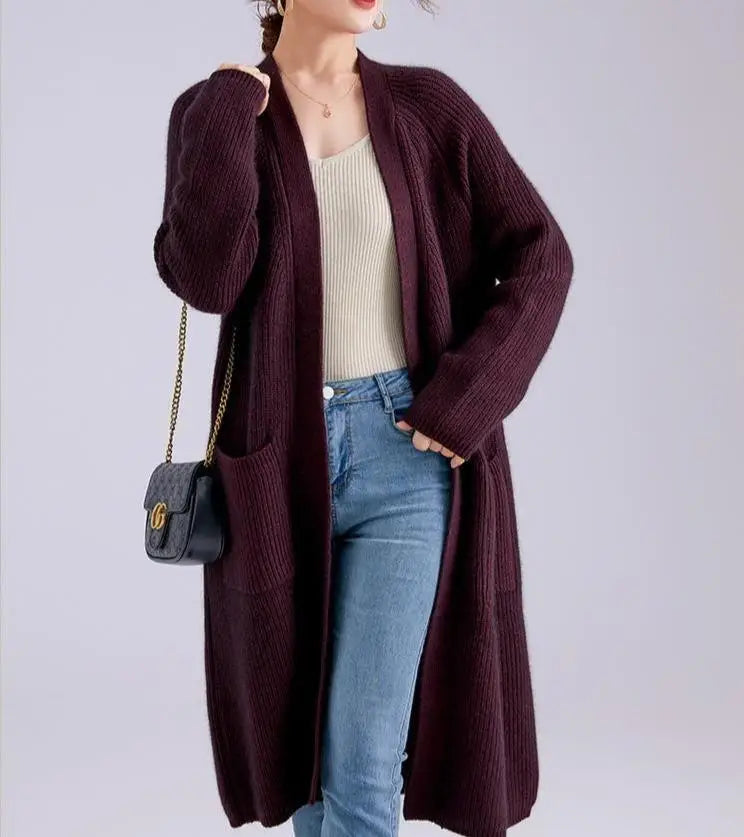 Gilet Long Femme Cardigan Hiver - Tricot épais Maille Grossière, Avec Poches, Ouvert, Décontracté - Kaki Ou Marron - 3
