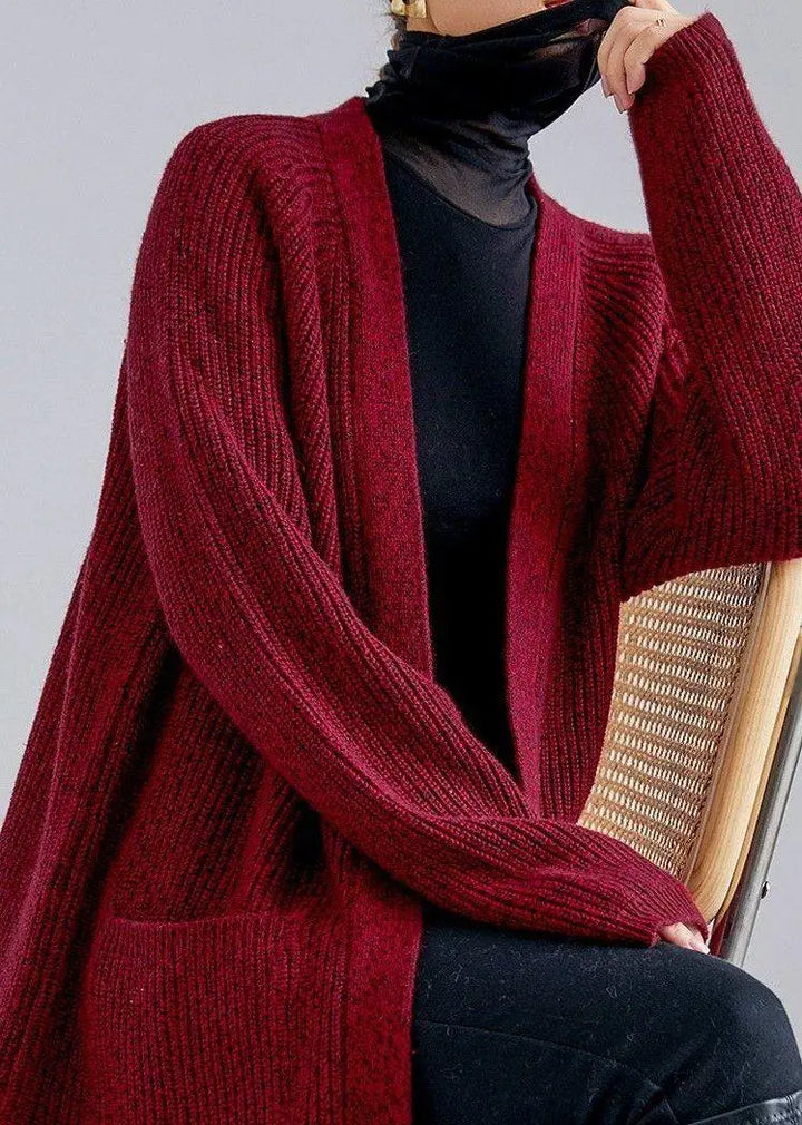 gilet long en laine et cachemire pour femme, modèle lyna, couleur bordeaux, idéal pour l'hiver, tricoté avec élégance