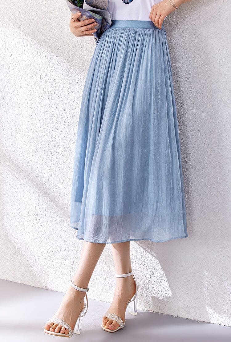 Femme portant Jupe Longue Plissée - Nina Bleu S - Les Petits Imprimés