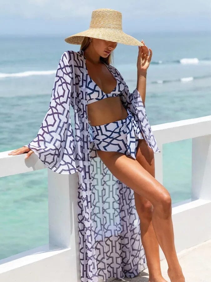 kimono de plage lisa élégant pour l'été avec motif géométrique bleu et blanc, idéal pour des vacances au bord de la mer