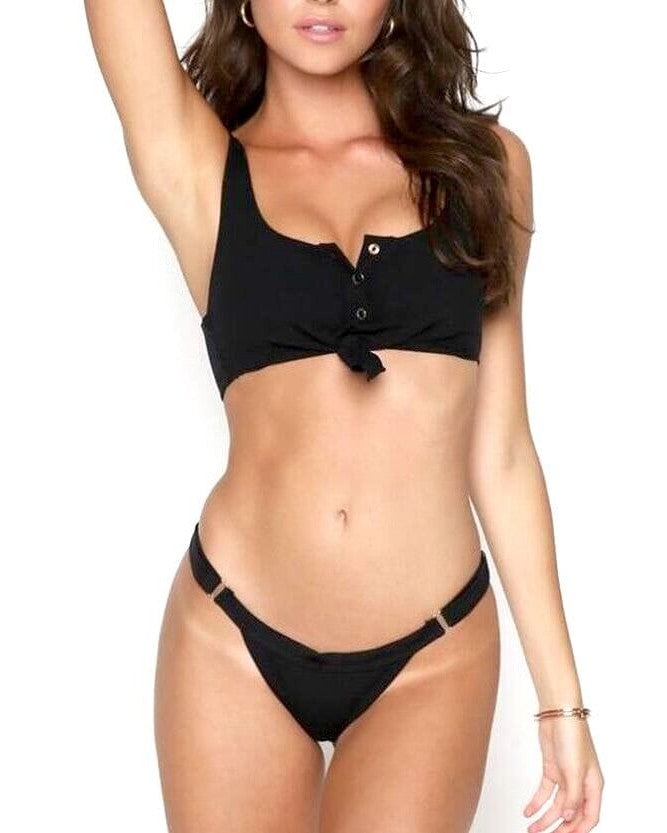 maillot de bain brassière noir pour femme avec haut à boutons et bas à boucles, modèle lola idéal pour l'été