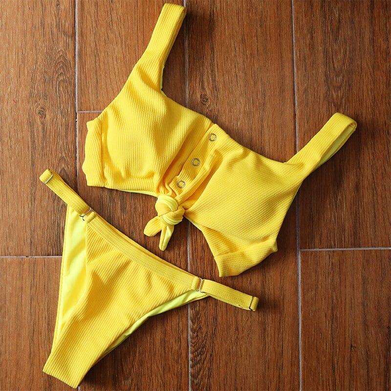 maillot de bain brassière jaune lola pour femme avec nœud décoratif et boutons, idéal pour l'été et les vacances