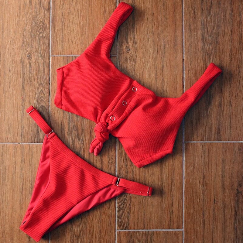 maillot de bain brassière en deux pièces rouge lola, avec bretelles ajustables et nœud décoratif sur le devant