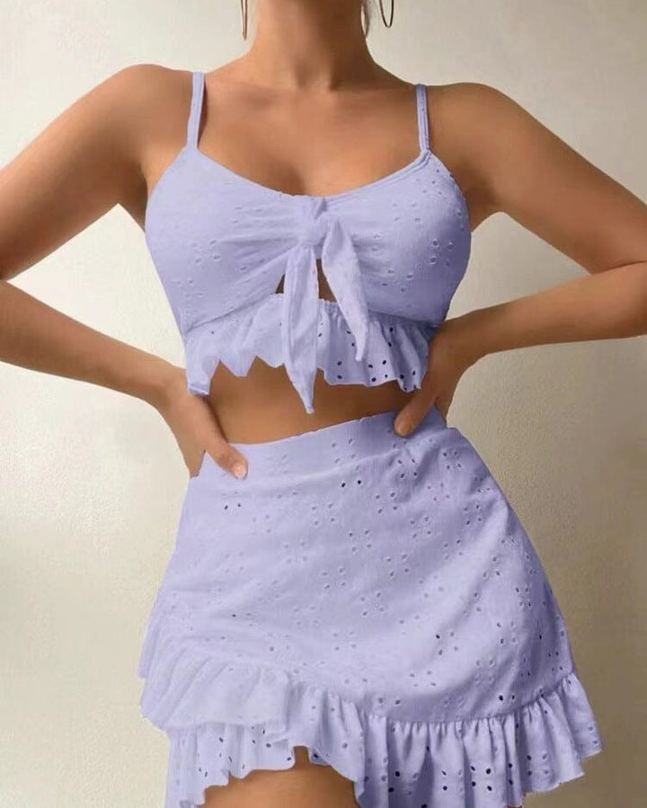 maillot de bain à jupe pour femmes, modèle barbara, en tissu violet avec bretelles et volant, idéal pour l'été