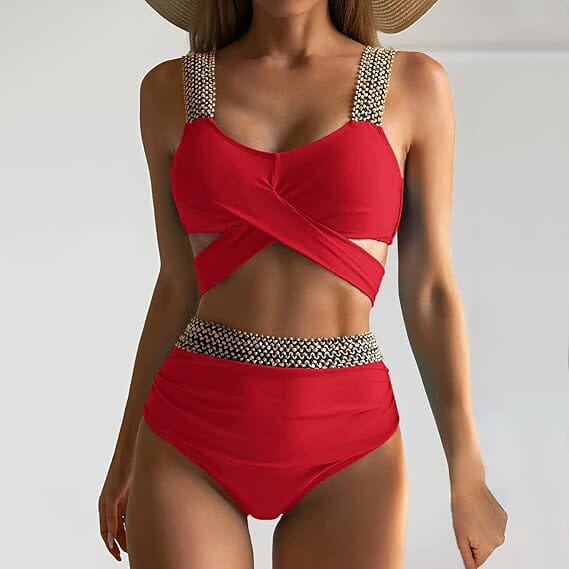 maillot de bain rouge taille haute à sequins pour femme avec bretelles large et insertions en métal, modèle nadia