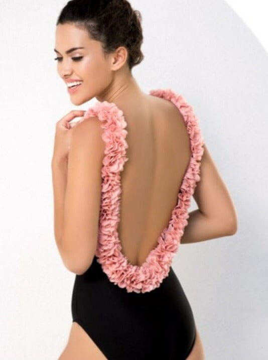 maillot de bain une pièce iris noir avec fleurs roses, ouvert dans le dos, élégant et stylé pour l'été