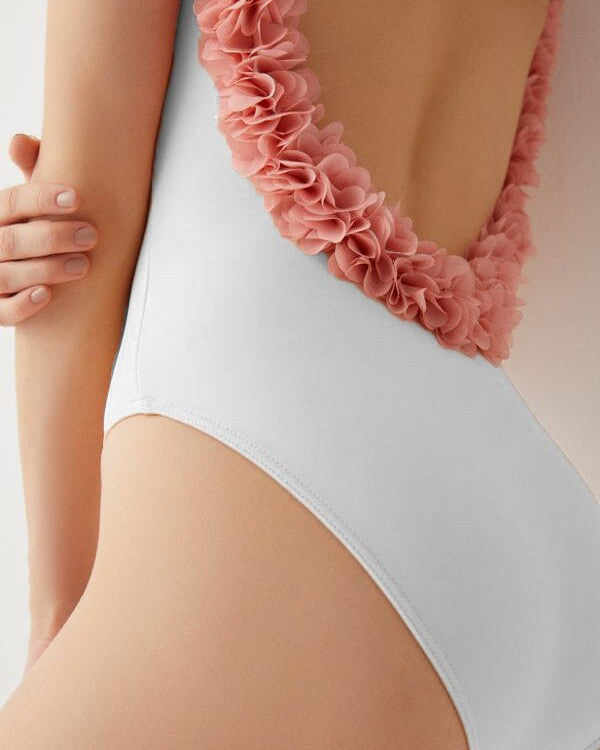 maillot de bain une pièce iris avec détails de fleurs roses sur les bretelles et dos échancré pour femme