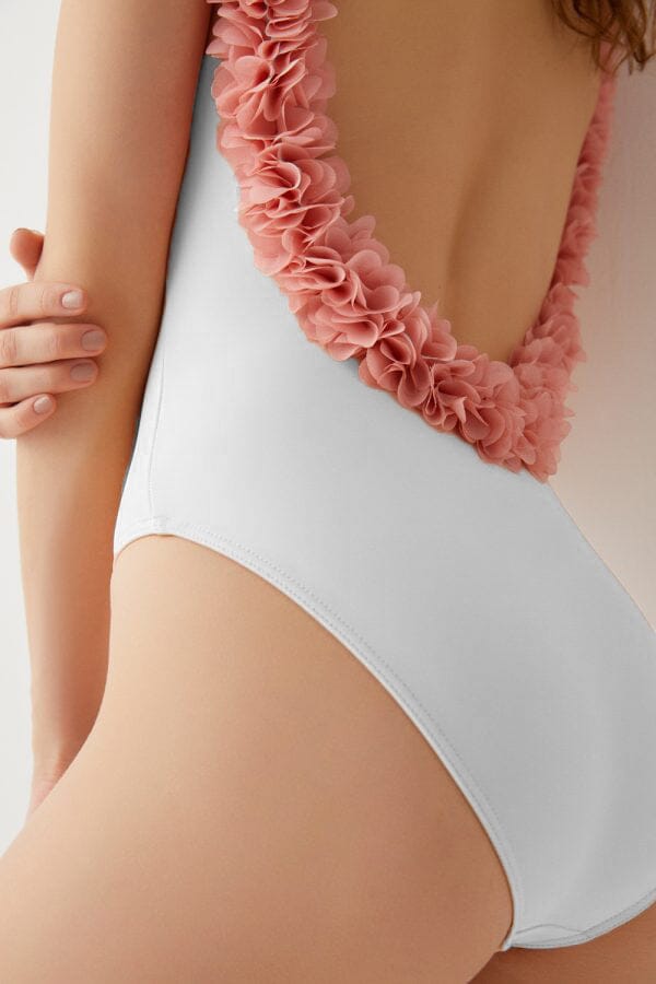 maillot de bain une pièce iris avec détails de fleurs roses sur les bretelles et dos échancré pour femme