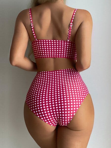 maillot de bain taille haute gainant 2 pièces louise rétro à carreaux rouges et blancs pour un style vintage chic