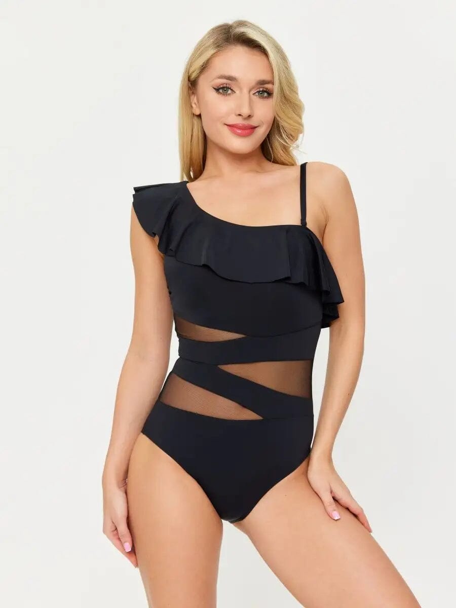 maillot de bain 1 pièce gainant asymétrique noir de la collection malika avec des détails en mesh prononcés