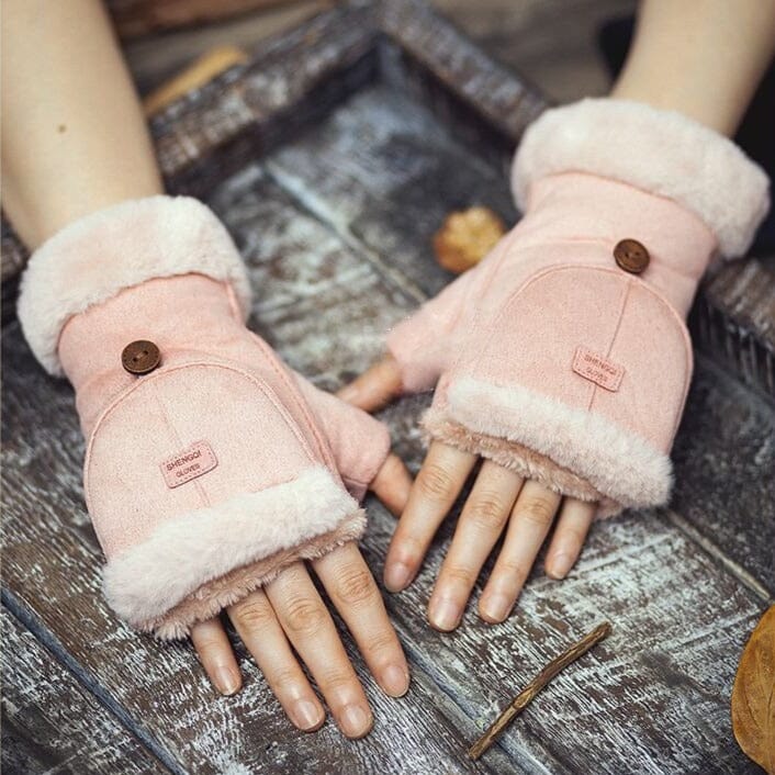 moufles mitaines en laine rose pour femme avec bouton en bois et doublure en fausse fourrure pour l'hiver