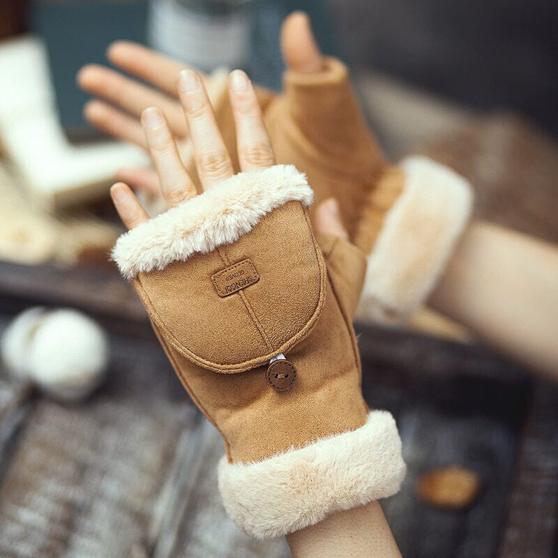 moufles mitaines en cuir beige et doublure en fausse fourrure blanche pour femmes, idéales pour l'hiver