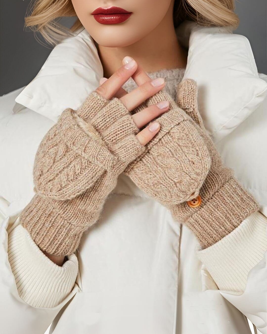 Moufles mitaines laine élégantes pour femme, confortables et chaudes, idéales pour l'hiver avec design raffiné.