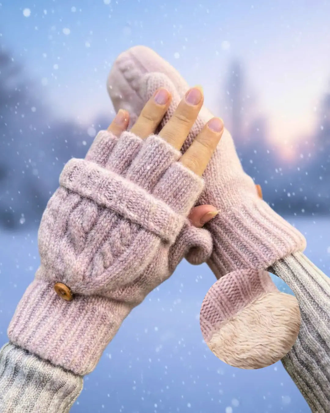 Moufles mitaines en laine rose avec boutons, idéales pour l'hiver et le froid, portées en extérieur sous la neige.