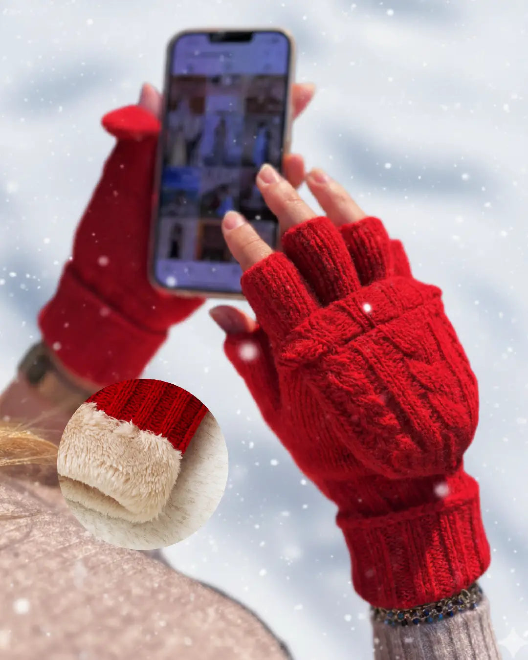 Mitaines en laine rouge convertibles en moufles pour écran tactile, doublure chaude idéale pour temps froid.