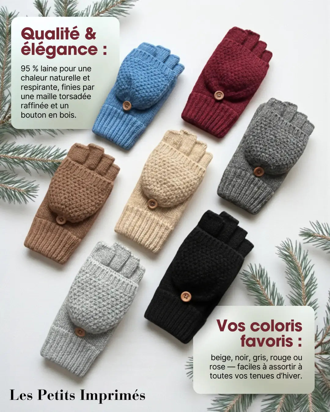 Moufles mitaines polaire en laine avec boutons bois disponibles en plusieurs coloris, élégance et chaleur hivernale assurées.