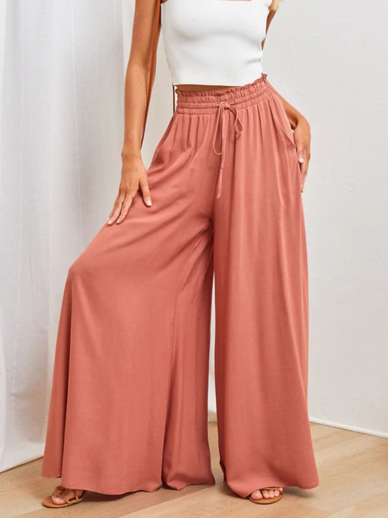 pantalon large fluide d'été pour femme, modèle gaëlle, avec taille élastique et poches latérales, couleur terracotta