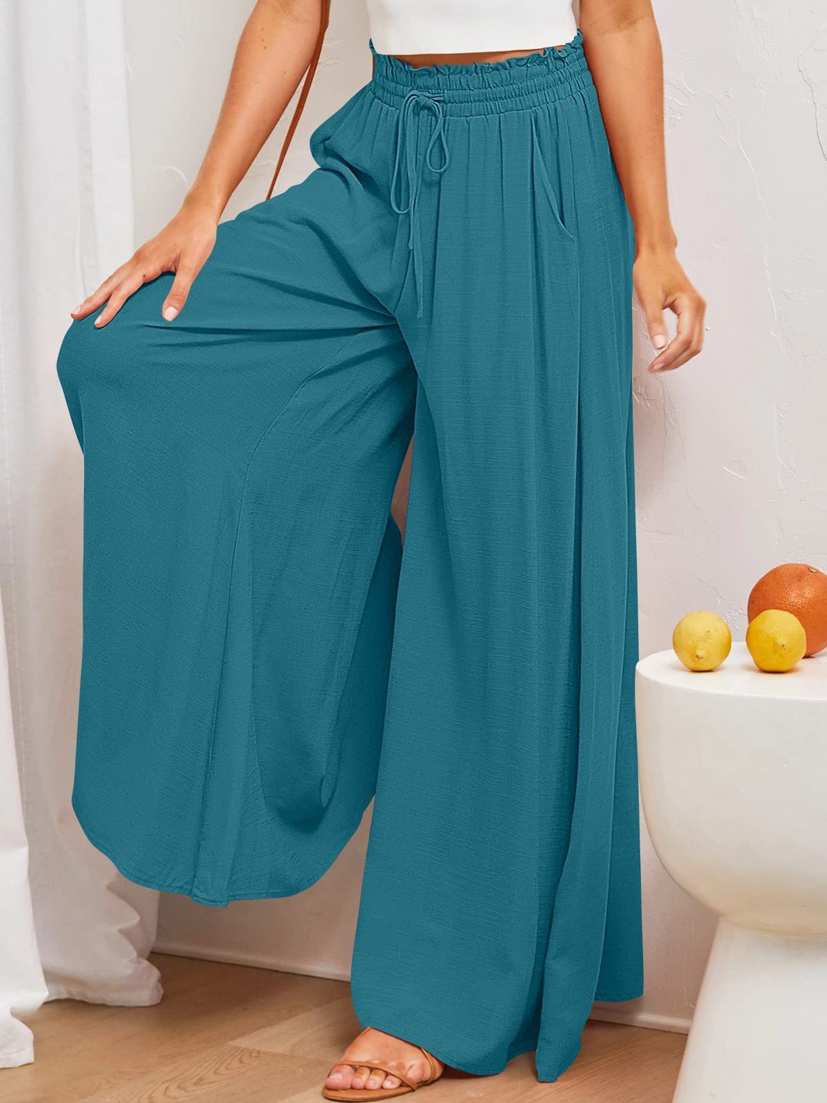 pantalon large fluide été femme gaëlle bleu, parfait pour une tenue estivale élégante et confortable.