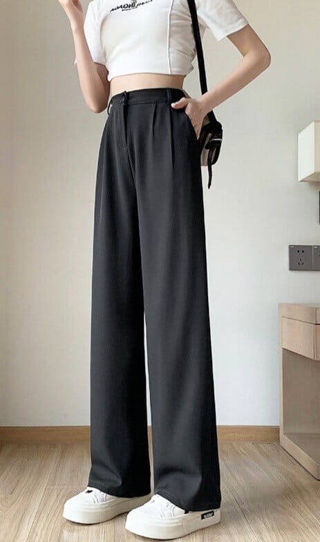Femme portant Pantalon Fluide Taille Haute - Isa Gris foncé M - Les Petits Imprimés