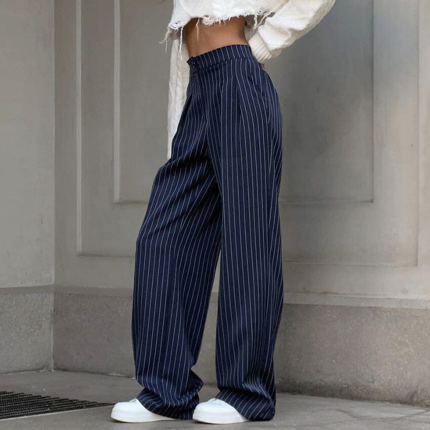 pantalon rayé femme angeline en bleu marine avec taille élastique et coupe ample, parfait pour un look chic et décontracté