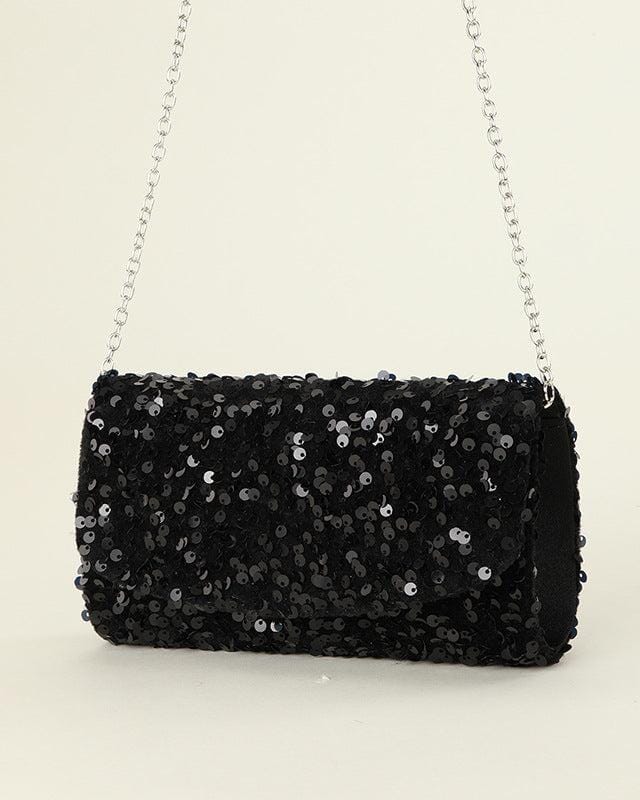 Pochette de soirée noire entièrement recouverte de sequins avec une chaîne argentée, modèle Jillian élégant et scintillant.