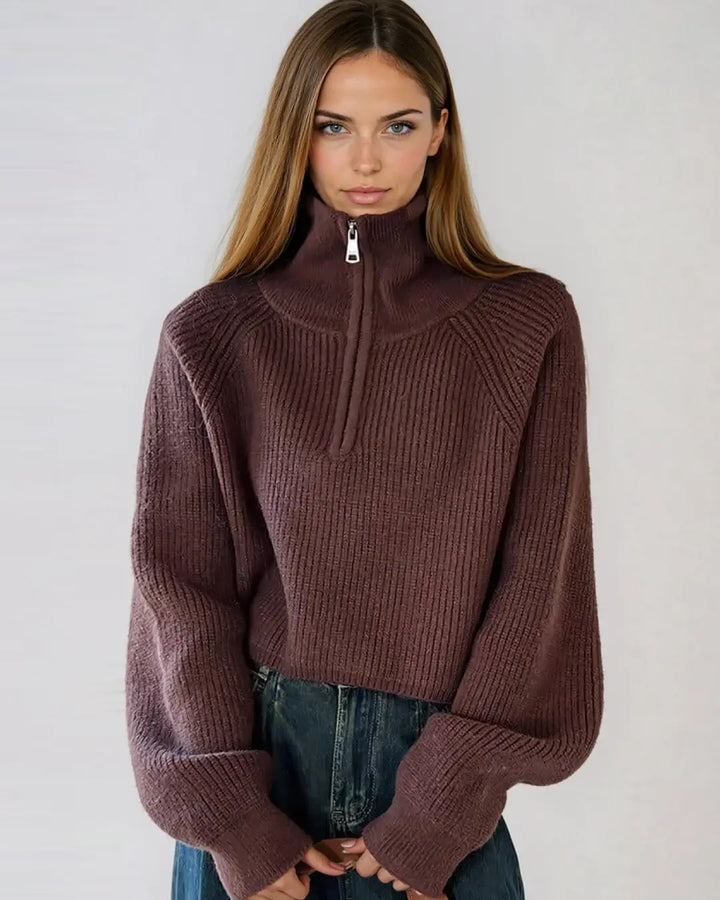 Pull à zip court Indiana en maille épaisse pour un style automnal tendance, idéal pour rester au chaud avec élégance.