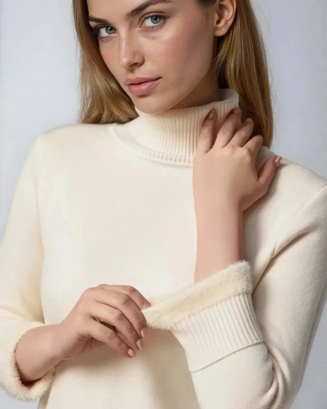 Femme portant un élégant pull à col roulé en matière douce et chaude pour un confort optimal, modèle Frida.