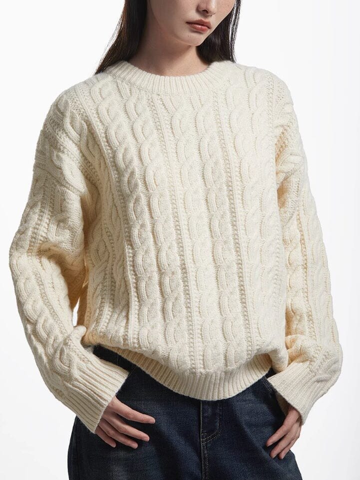 pull en maille femme garence épais et chaud pour l'hiver blanc cassé élégant et confortable manches longues tricot torsadé