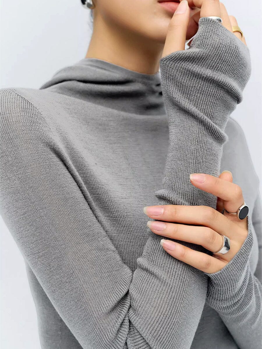 pull à capuche femme manches longues mitaines victoire en maille gris clair