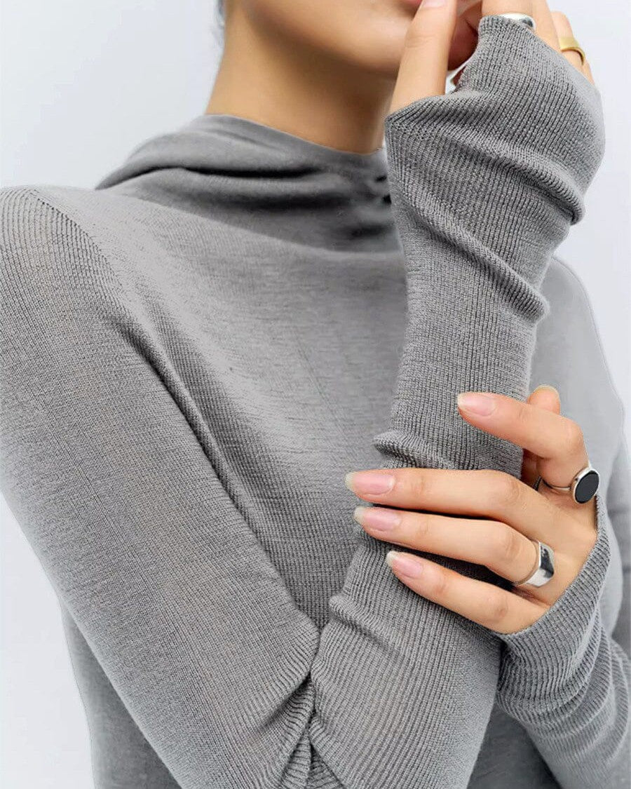 pull à capuche femme manches longues mitaines victoire en maille gris clair