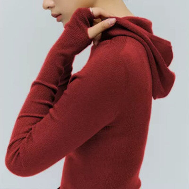 pull femme rouge à capuche avec manches mitaines, modèle victoire de côté