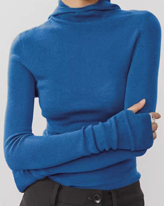 pull manches mitaines femme bleu victoire ajusté et confortable avec capuche, parfait pour un style décontracté et moderne