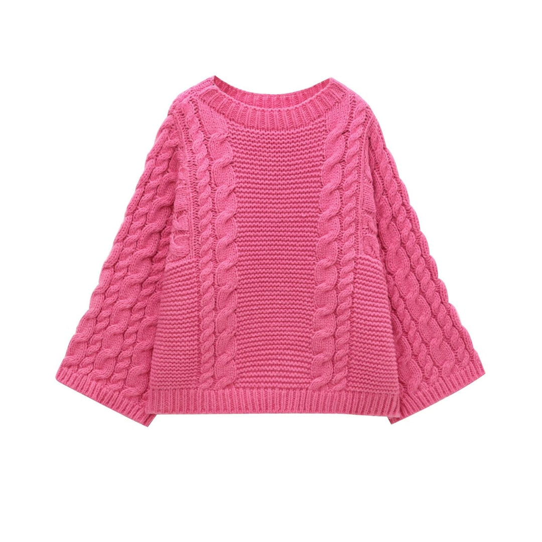 Gros pull à torsades rose pour femme, modèle Aïcha, maille épaisse et confortable, idéal pour l'hiver.