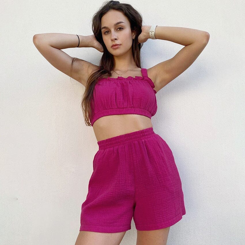 ensemble pyjama coton femme estelle en couleur fuchsia avec un haut à bretelles et un short confortable parfait pour l'été