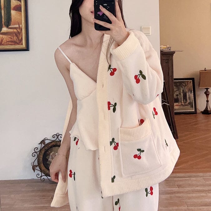 pyjama polaire chaud avec motifs de cerises pour femmes