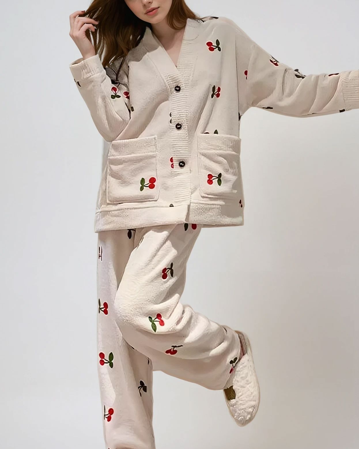 Pyjama Polaire Cerises brodées et tissu doux et chaud – Les