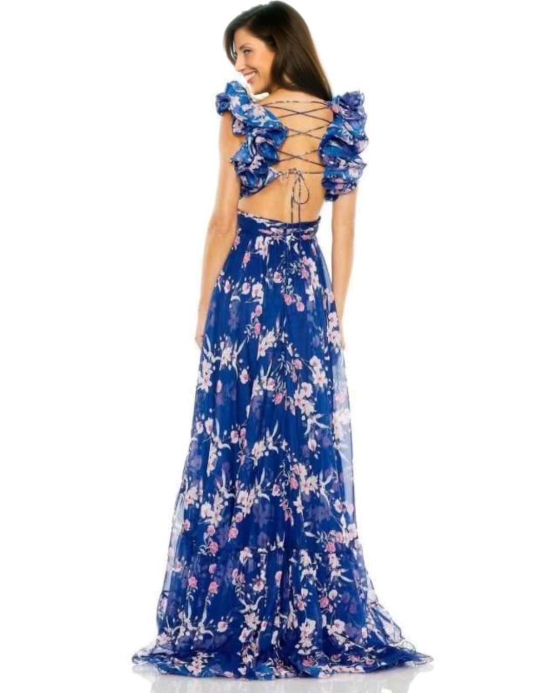 Robe longue fleurie dos nu Line en bleu, parfaite pour l'été, avec imprimé floral élégant et style décontracté chic.