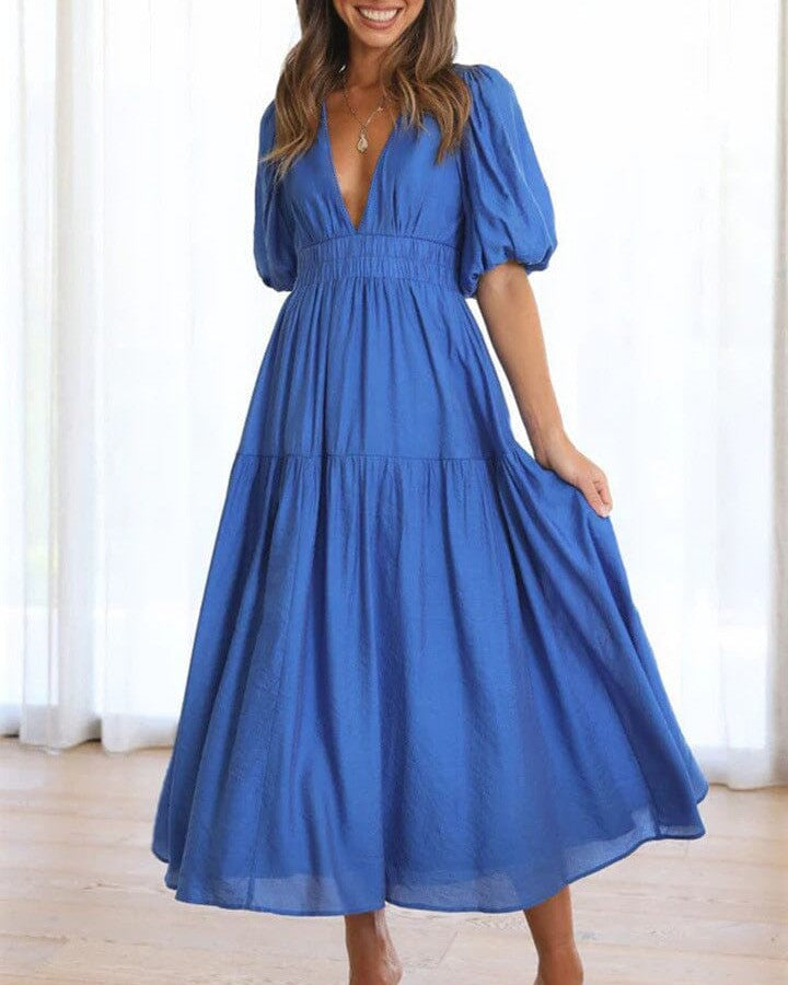 robe décolleté plongeant annie en bleu, manches bouffantes, idéale pour des événements estivaux et élégants