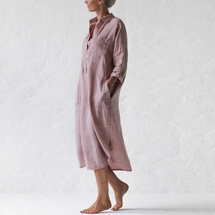 longue robe chemise jennifer en lin rose poudré avec manches longues et poches, parfaite pour un look élégant et décontracté