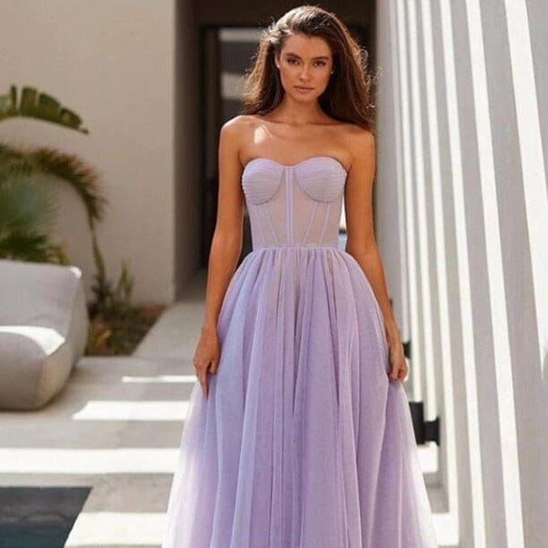 robe longue tulle ludivine bustier lilas élégante pour occasion spéciale, mariage ou soirée estivale en extérieur