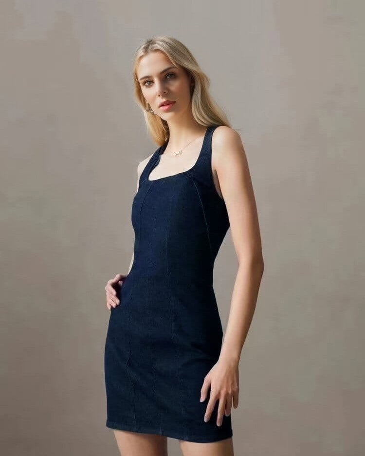 robe courte moulante marine en jean portée par une femme blonde, pour une allure élégante et moderne