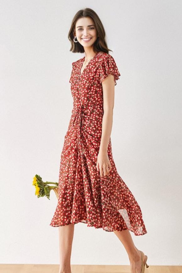 femme souriante portant une robe longue rouge avec motifs floraux, tenant un bouquet de tournesols et posant pour la photo