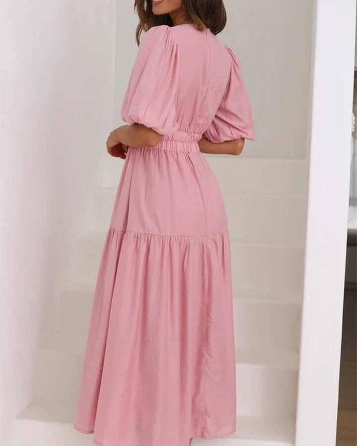 robe décolleté plongeant annie en rose parfaite pour un look élégant et estival avec manches bouffantes et longueur mi-mollet