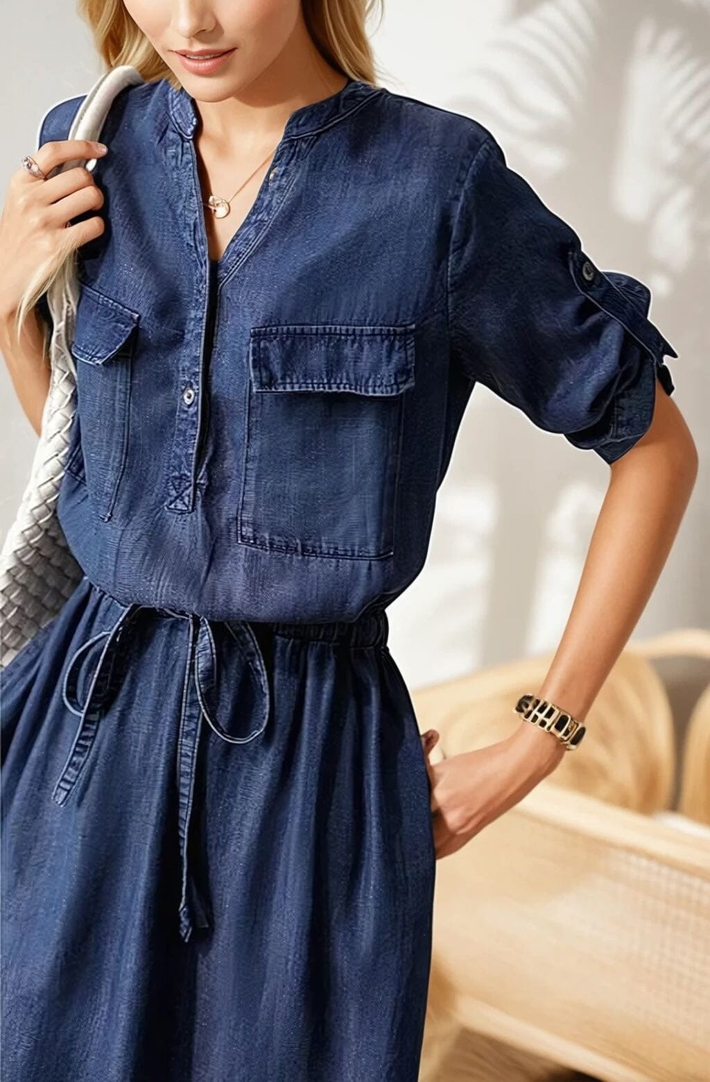 Robe mi-longue fluide habillée Florence en tissu léger bleu foncé avec manches retroussées et poches avant stylées.