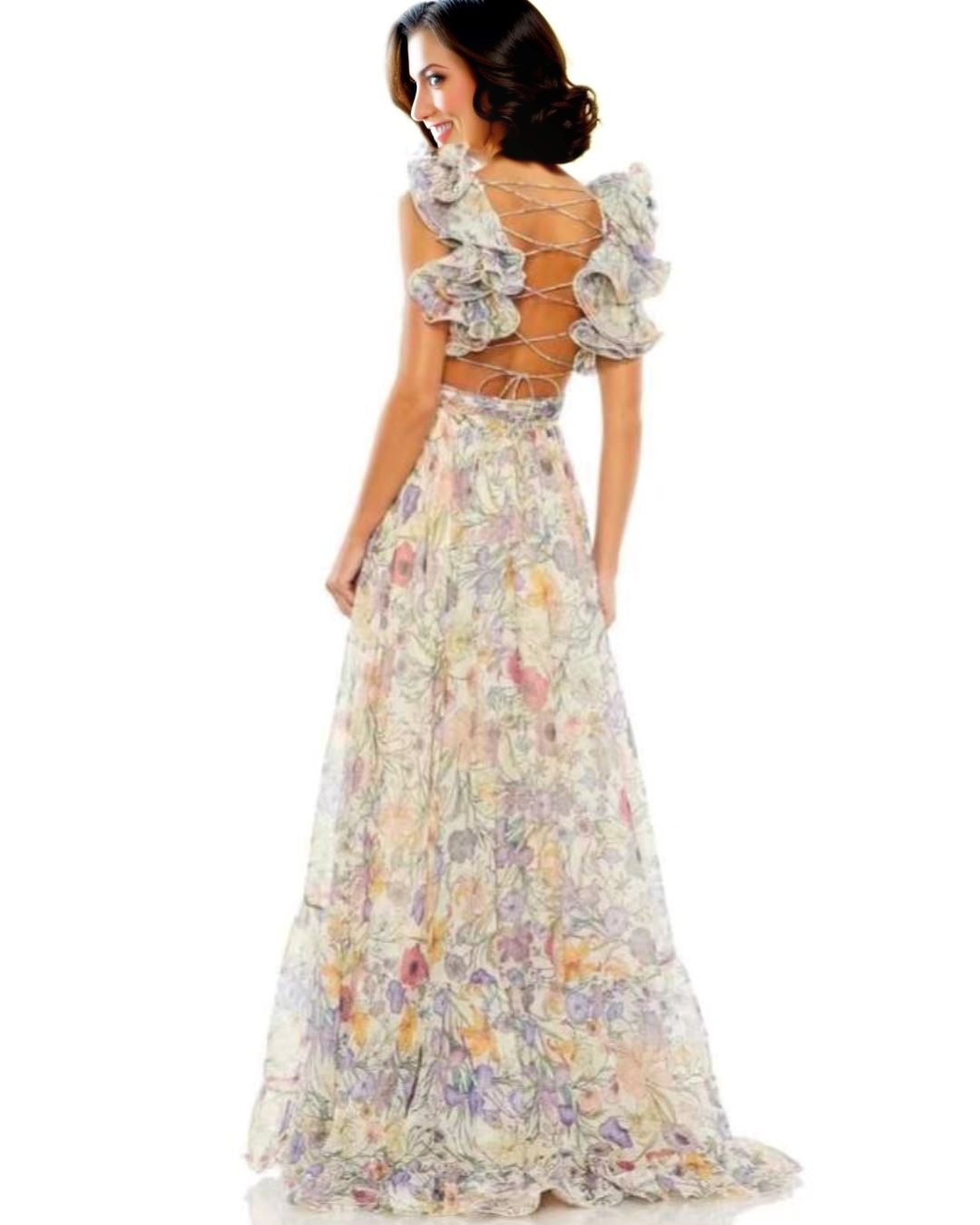 Robe longue fleurie avec dos nu élégant, modèle Line, parfaite pour les occasions estivales et soirées ensoleillées.