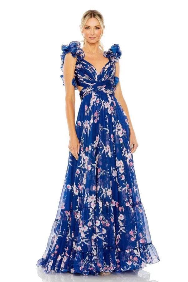 robe longue dos nu fleurie bleue avec motifs floraux line, élégante et chic pour les occasions spéciales ou estivales