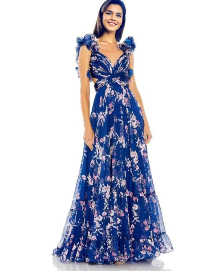 Robe longue bleue à motifs floraux, dos nu, idéale pour une soirée estivale ou une occasion spéciale.