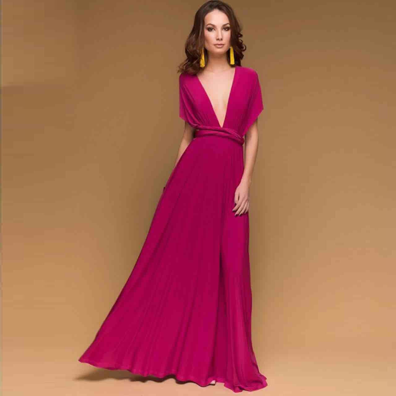 robe multiposition marina longue et élégante avec décolleté plongeant, couleur fuchsia, idéale pour toutes occasions