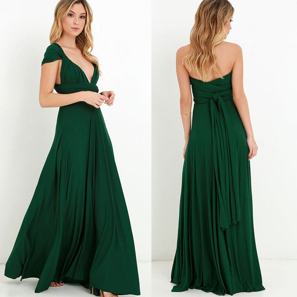 robe verte multiposition longue marina vue avant et arrière, idéale pour occasions spéciales, chic et polyvalente